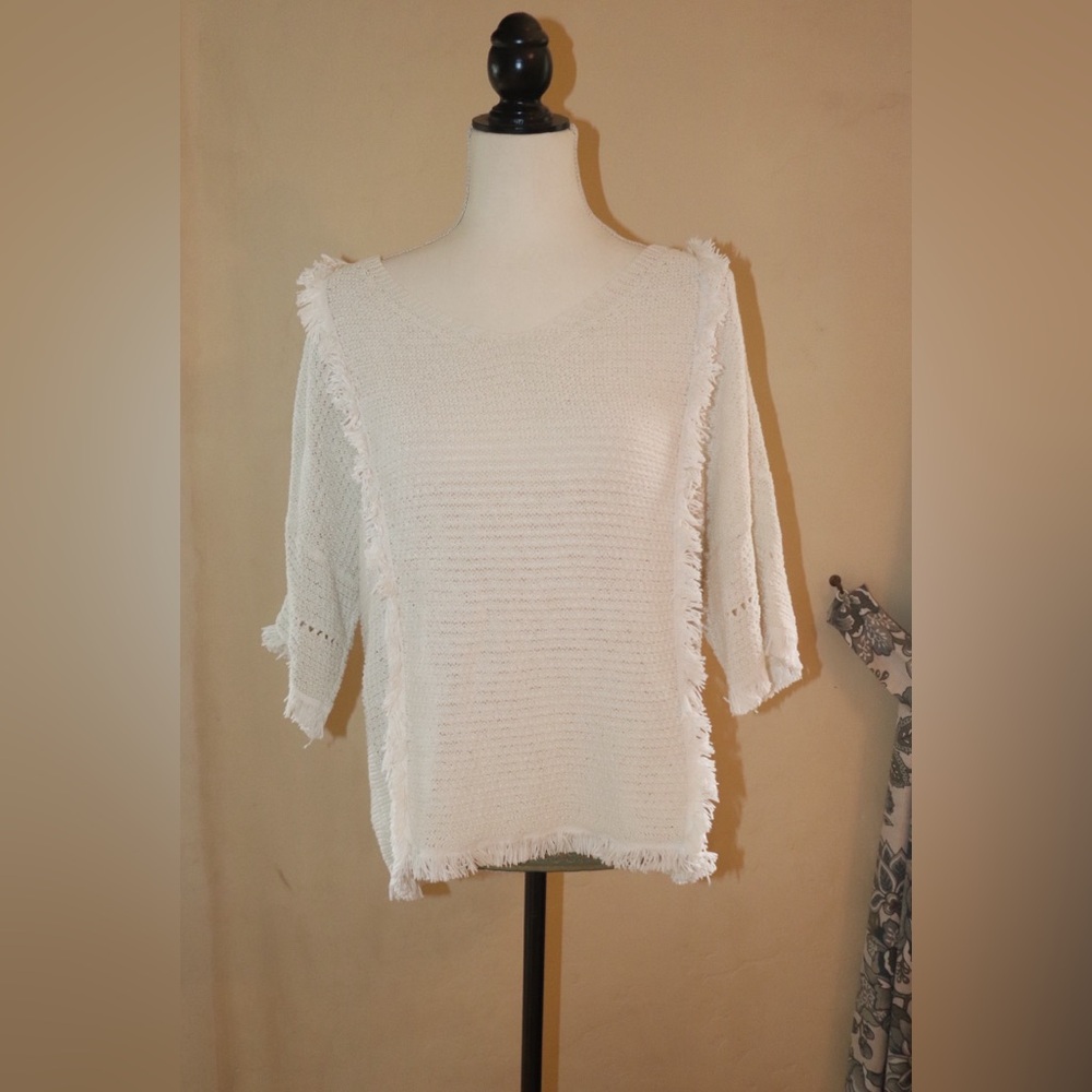 White V Neck Sweater with Fringe Detail